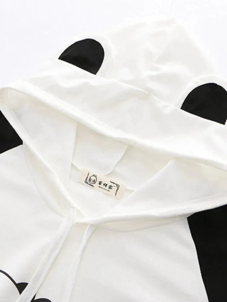 Metaversmall Women Cartoon Panda Print Funny T Shirts With Ears On Hood Summer Cotton Hooded  Shirt Casual Short Sleeve Cute