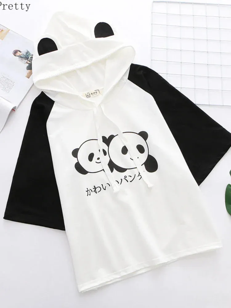 Metaversmall Women Cartoon Panda Print Funny T Shirts With Ears On Hood Summer Cotton Hooded  Shirt Casual Short Sleeve Cute
