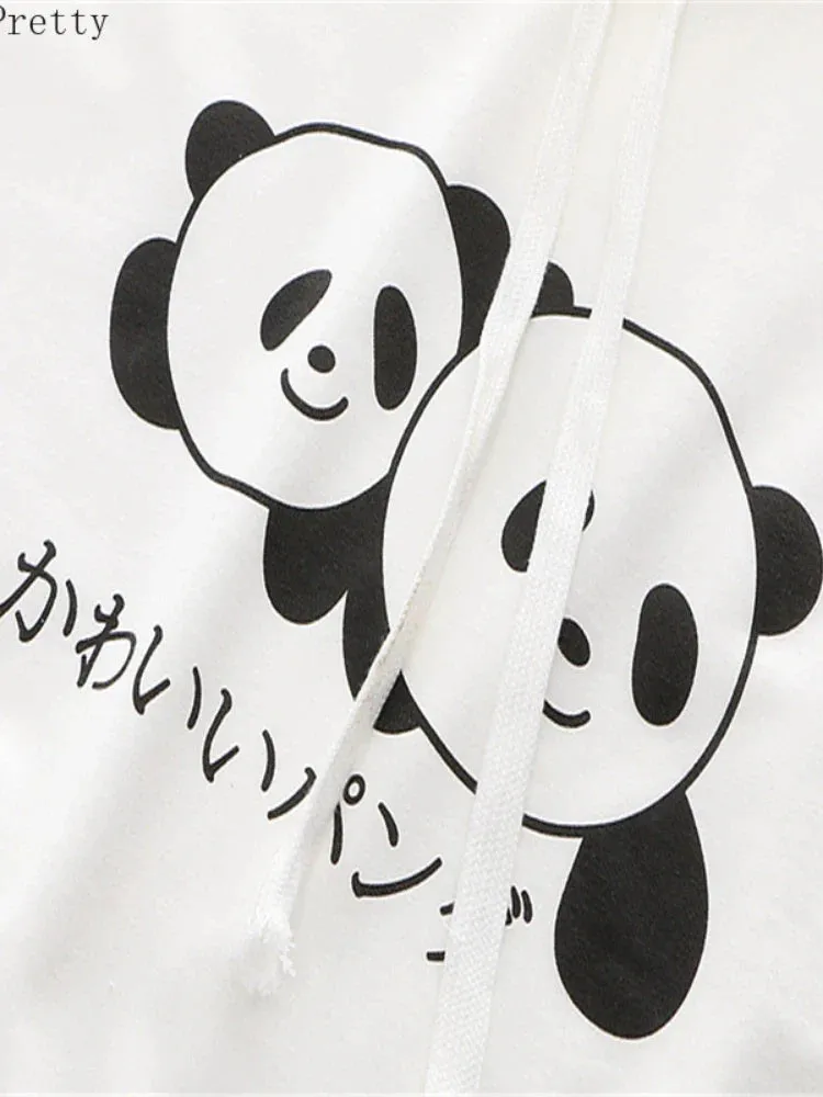 Metaversmall Women Cartoon Panda Print Funny T Shirts With Ears On Hood Summer Cotton Hooded  Shirt Casual Short Sleeve Cute