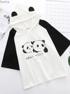 Metaversmall Women Cartoon Panda Print Funny T Shirts With Ears On Hood Summer Cotton Hooded  Shirt Casual Short Sleeve Cute