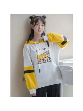 Metaversmall Women Cotton Hoodies And Sweatshirt Cartoon Dog Embroidery Patchwork Hooded Pullover For Sweet Style Girl Drawstring Tracksuits