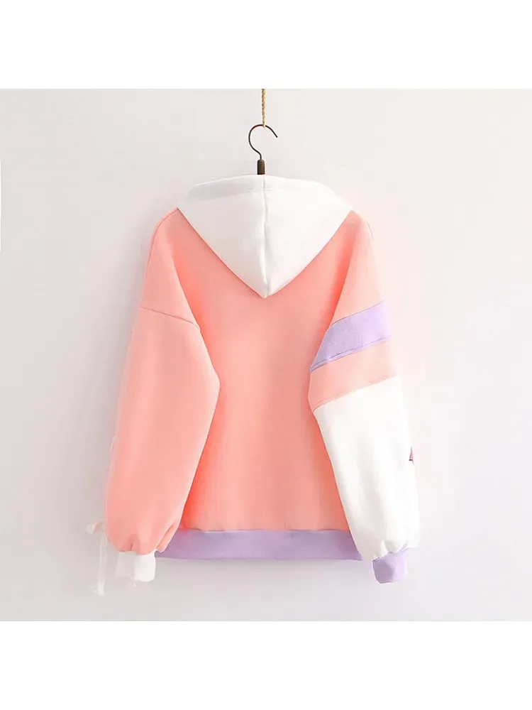 Metaversmall Women Hoodies And Sweatshirts Cartoon  Tetter Embroidery Long Sleeve Hooded Pullover Tracksuits Sweet Style Female Tops