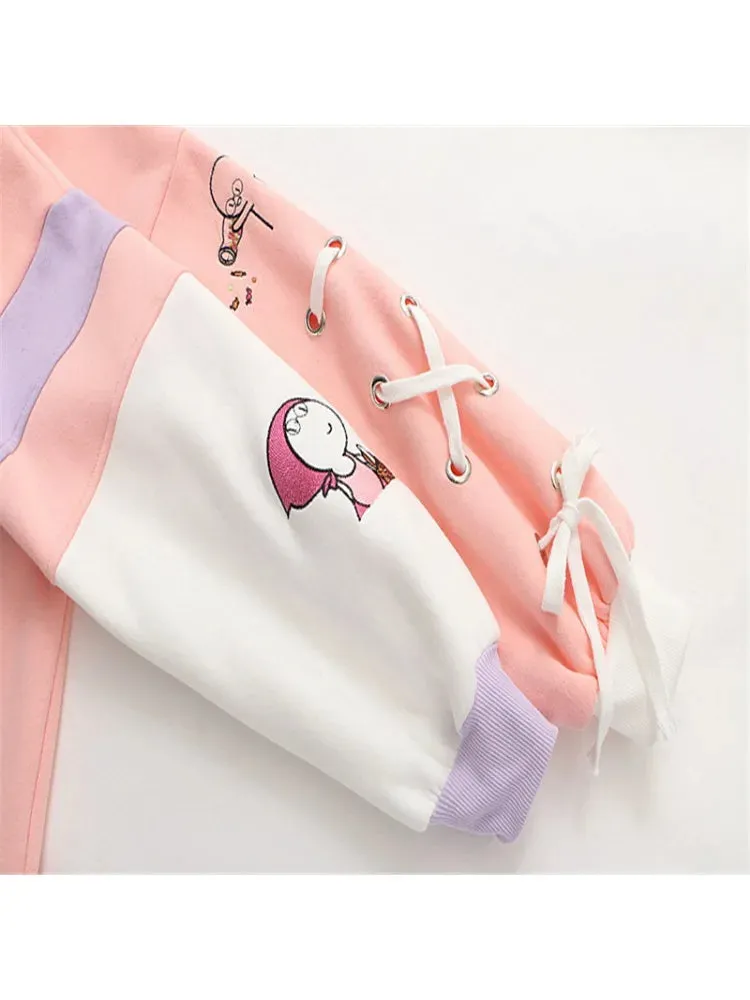 Metaversmall Women Hoodies And Sweatshirts Cartoon  Tetter Embroidery Long Sleeve Hooded Pullover Tracksuits Sweet Style Female Tops