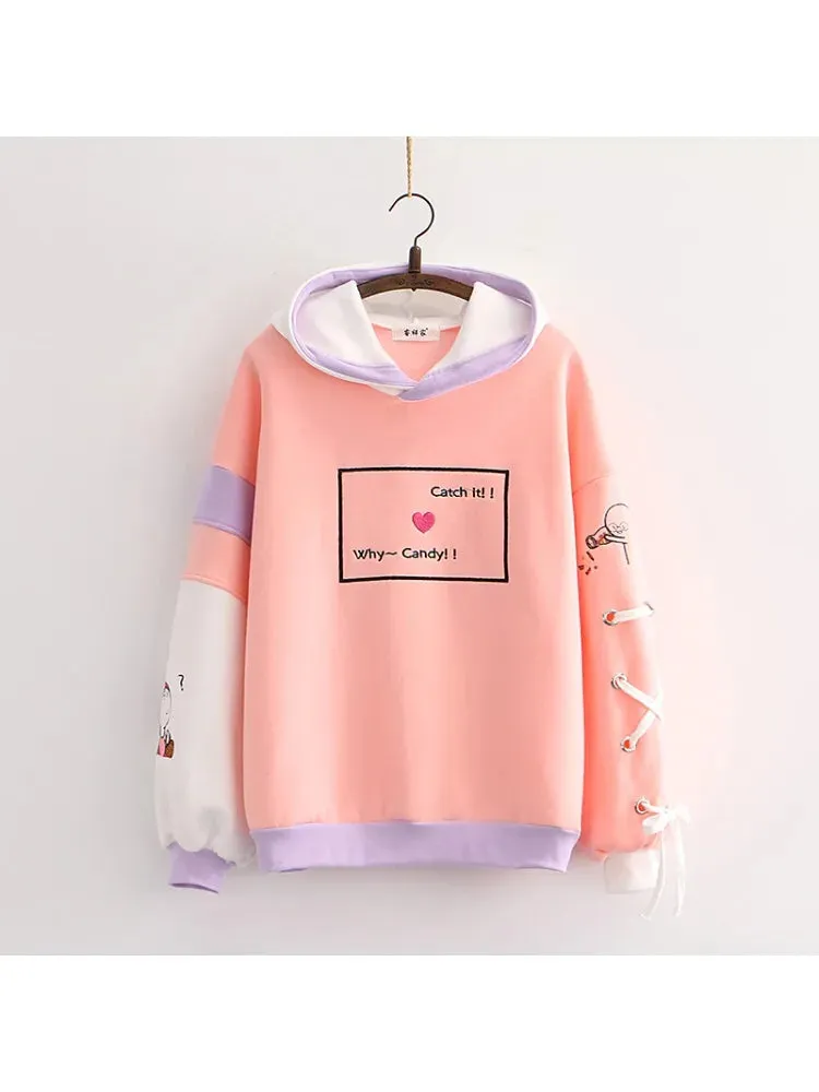 Metaversmall Women Hoodies And Sweatshirts Cartoon  Tetter Embroidery Long Sleeve Hooded Pullover Tracksuits Sweet Style Female Tops