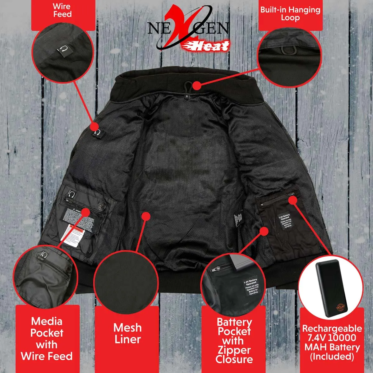 Nexgen Heat NXM1713SET Men's “Fiery’’ Heated Hoodie- Black Zipper