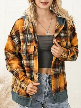 Orange Plaid Hooded Jacket Snap Button Elbow Pads