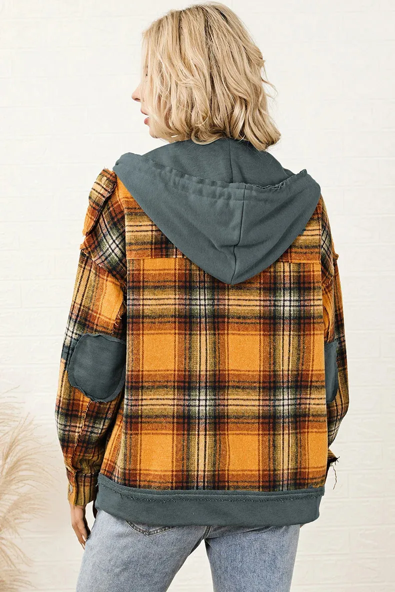 Orange Plaid Hooded Jacket Snap Button Elbow Pads