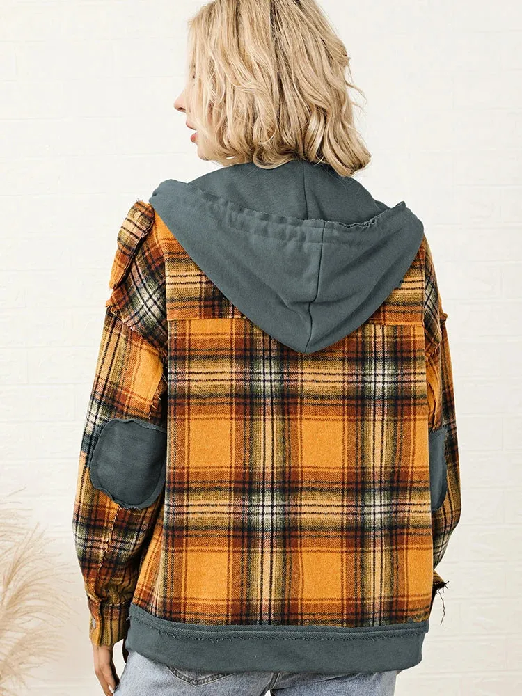 Orange Plaid Hooded Jacket Snap Button Elbow Pads