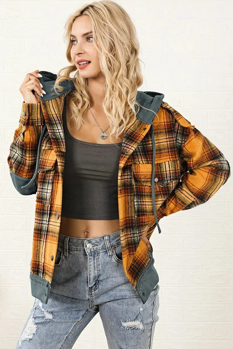 Orange Plaid Hooded Jacket Snap Button Elbow Pads