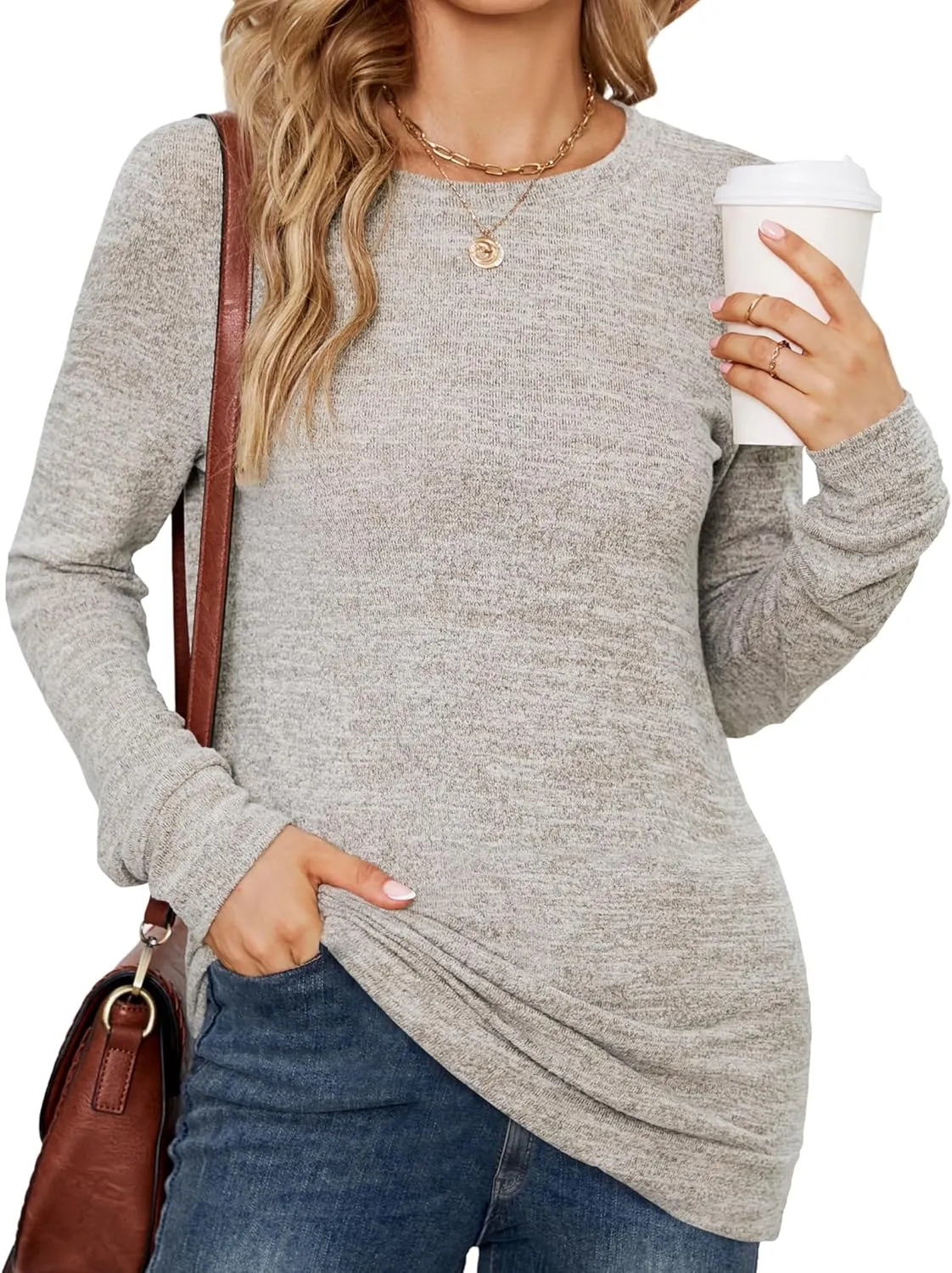 POGTMM Women Long Sleeve Tunic Tops to Wear with Leggings Casual Loose Fit Crew Neck T-Shirts Tops Blouse