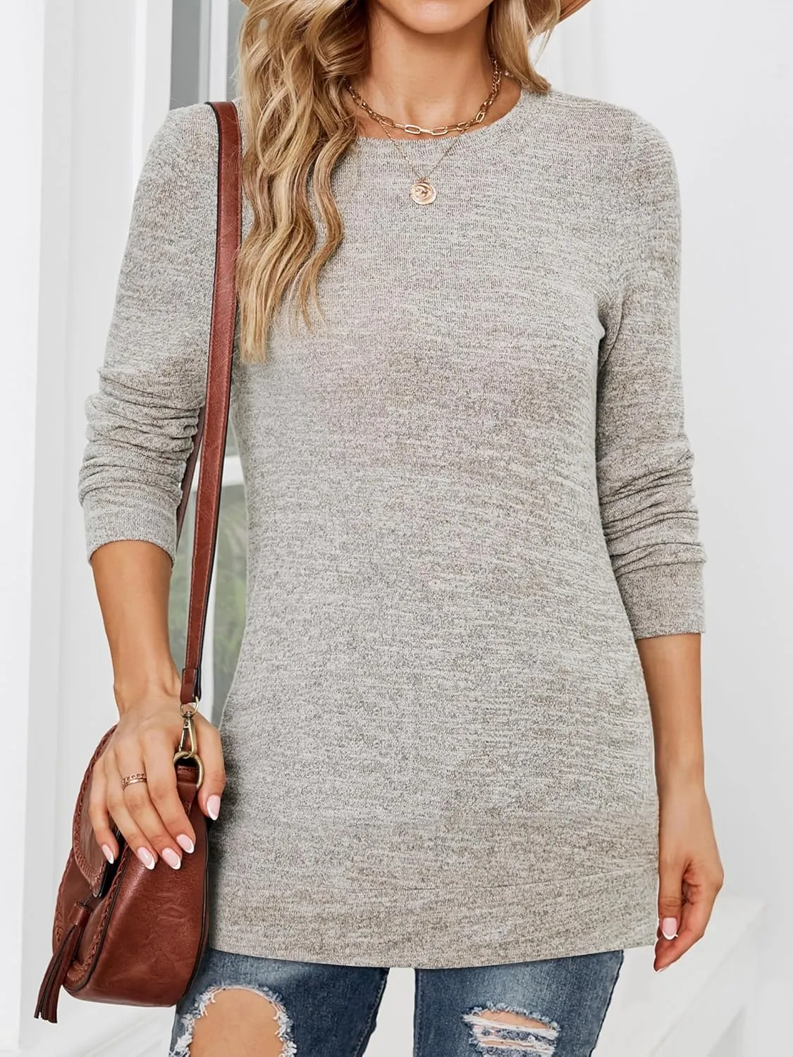 POGTMM Women Long Sleeve Tunic Tops to Wear with Leggings Casual Loose Fit Crew Neck T-Shirts Tops Blouse