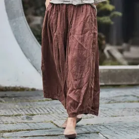 Retro Style Wide Leg Brown Cropped Pants for Women
