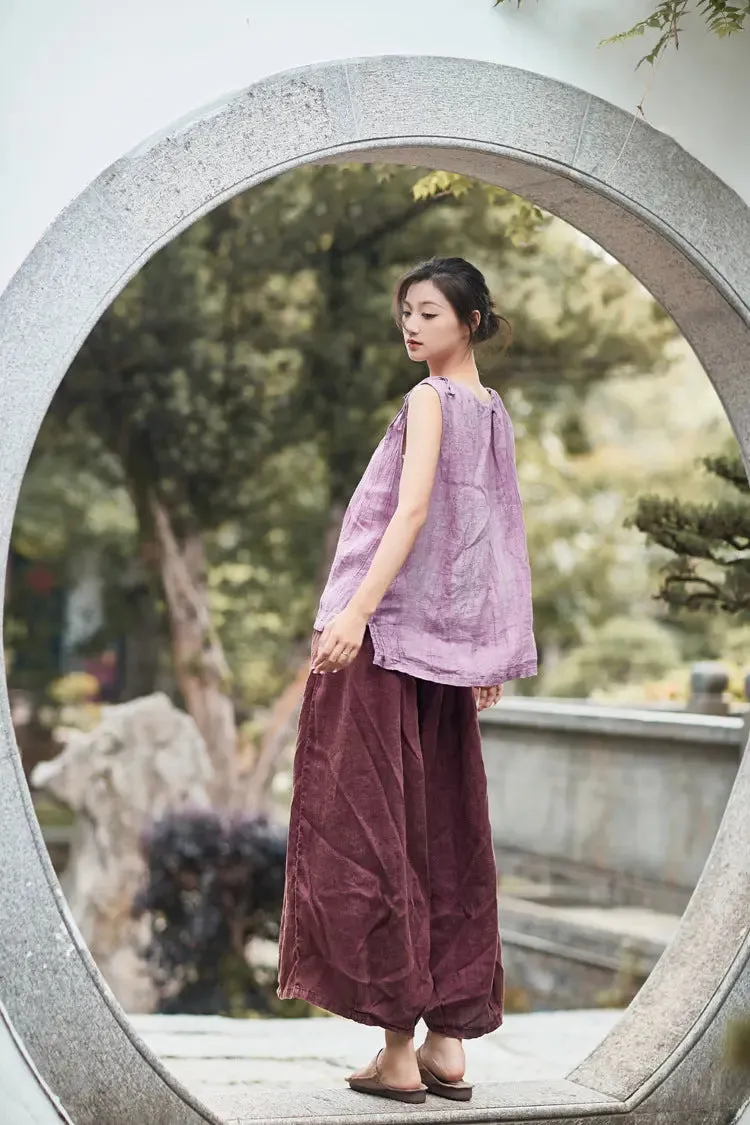 Retro Style Wide Leg Brown Cropped Pants for Women