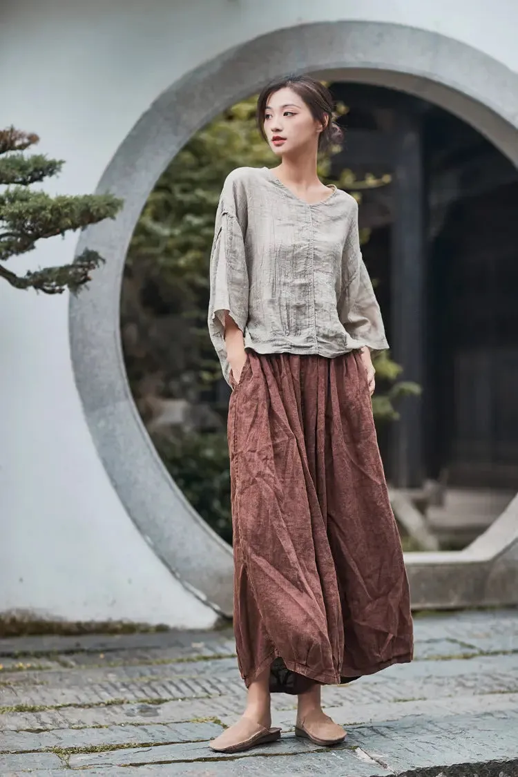 Retro Style Wide Leg Brown Cropped Pants for Women