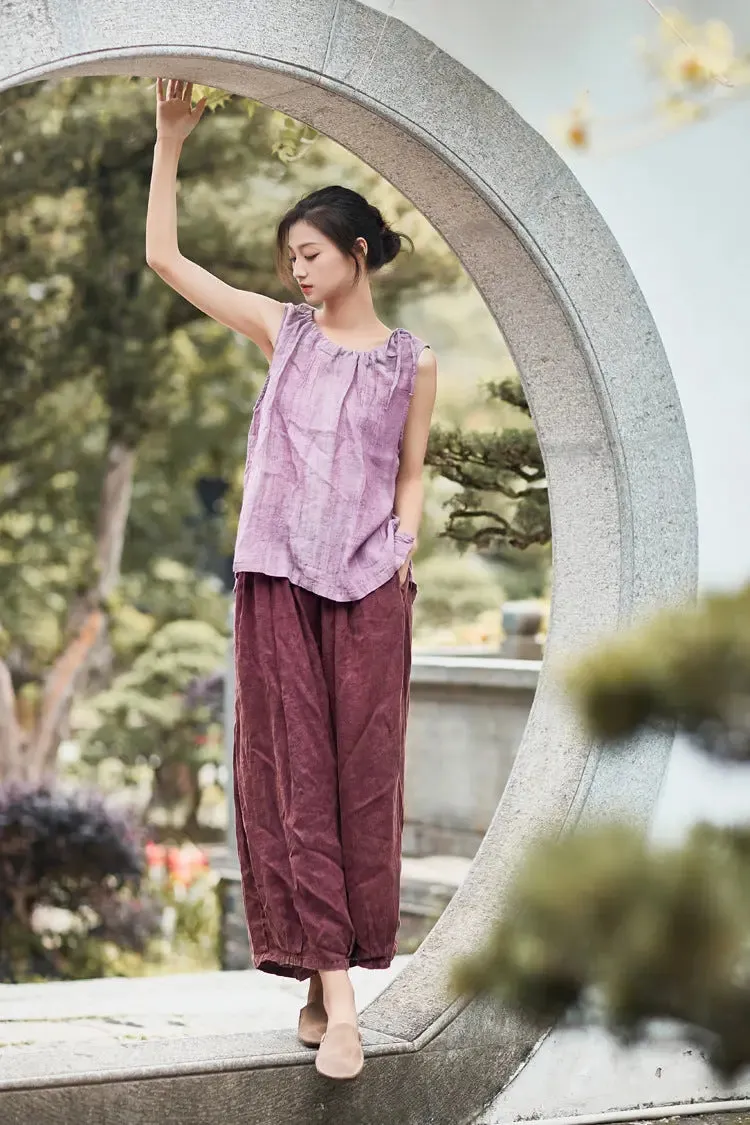 Retro Style Wide Leg Brown Cropped Pants for Women