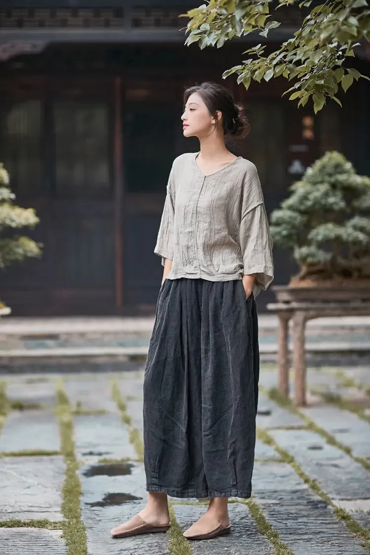 Retro Style Wide Leg Brown Cropped Pants for Women