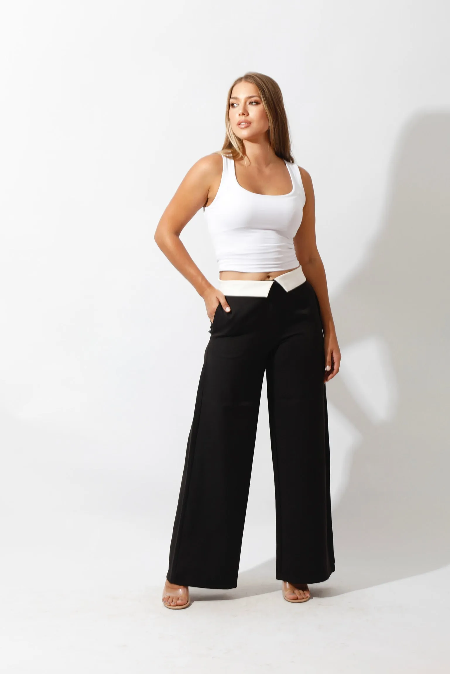 Reversed Waistband Wide Leg Pants - Black