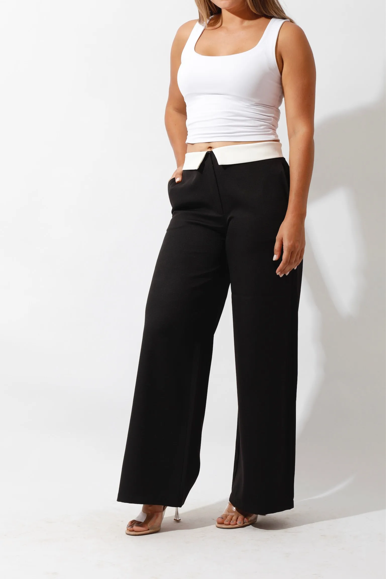 Reversed Waistband Wide Leg Pants - Black