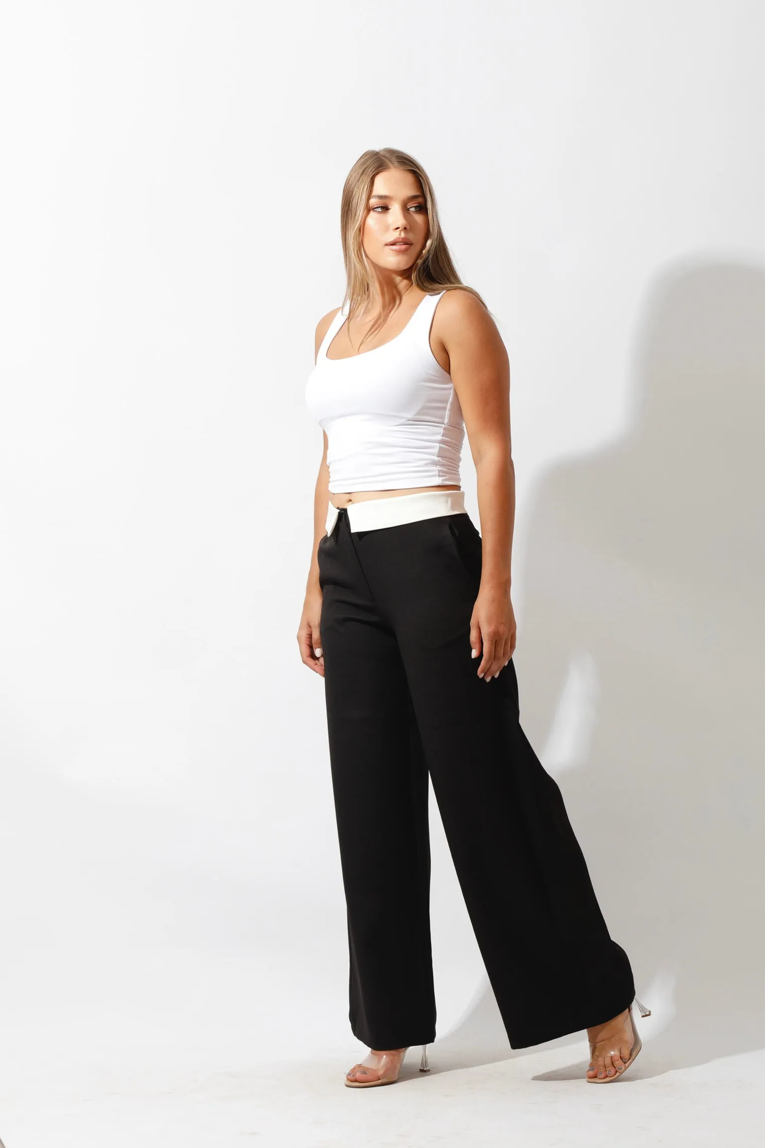 Reversed Waistband Wide Leg Pants - Black