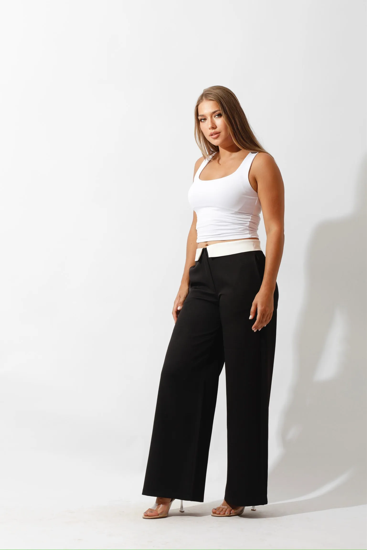 Reversed Waistband Wide Leg Pants - Black