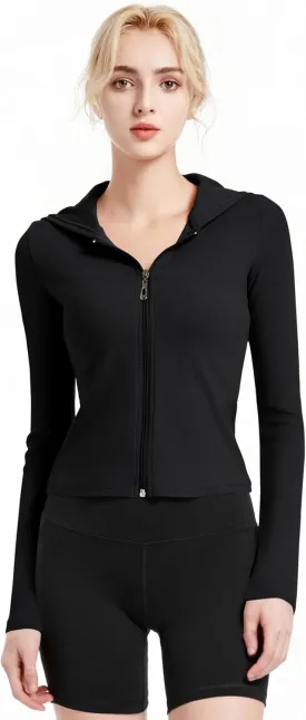 Ribbed Hoodies for Women Lightweight Full Zip Up Jackets Long Sleeves Tops Fitted Cropped Sweatshirt
