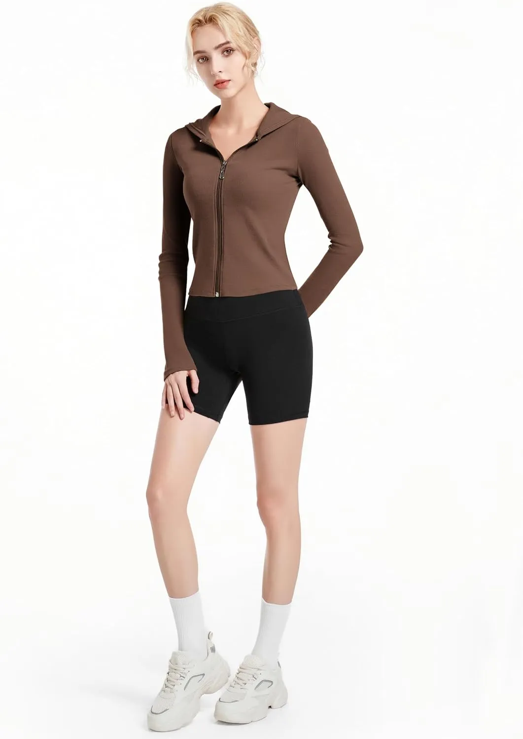 Ribbed Hoodies for Women Lightweight Full Zip Up Jackets Long Sleeves Tops Fitted Cropped Sweatshirt