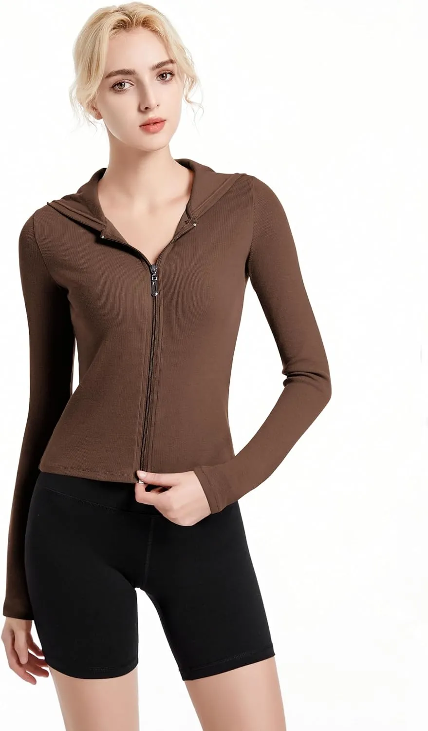 Ribbed Hoodies for Women Lightweight Full Zip Up Jackets Long Sleeves Tops Fitted Cropped Sweatshirt