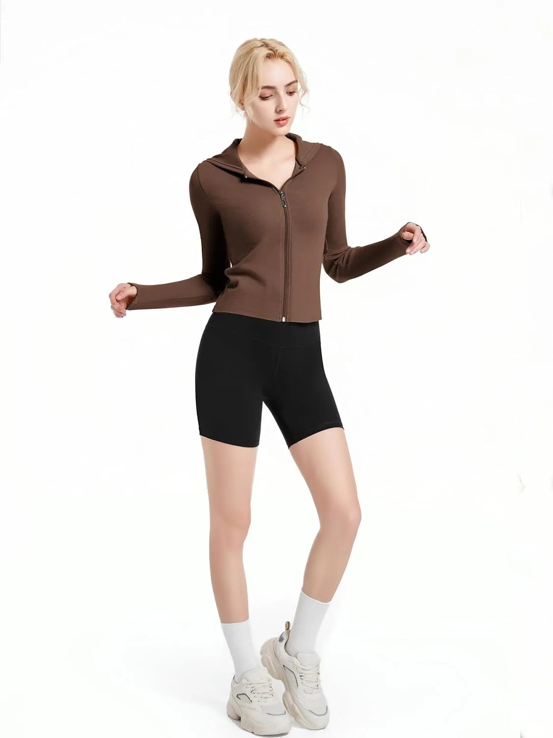 Ribbed Hoodies for Women Lightweight Full Zip Up Jackets Long Sleeves Tops Fitted Cropped Sweatshirt