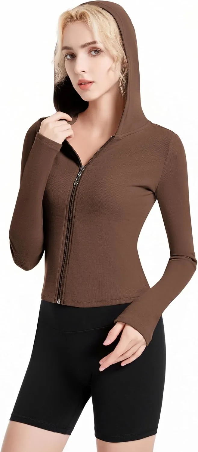 Ribbed Hoodies for Women Lightweight Full Zip Up Jackets Long Sleeves Tops Fitted Cropped Sweatshirt