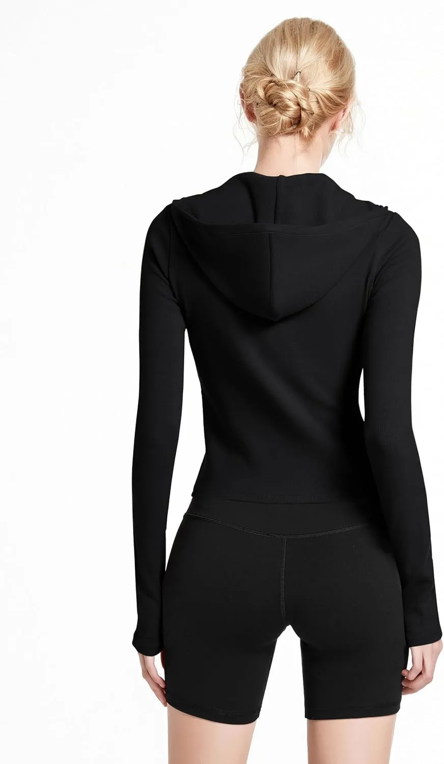 Ribbed Hoodies for Women Lightweight Full Zip Up Jackets Long Sleeves Tops Fitted Cropped Sweatshirt