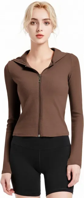 Ribbed Hoodies for Women Lightweight Full Zip Up Jackets Long Sleeves Tops Fitted Cropped Sweatshirt