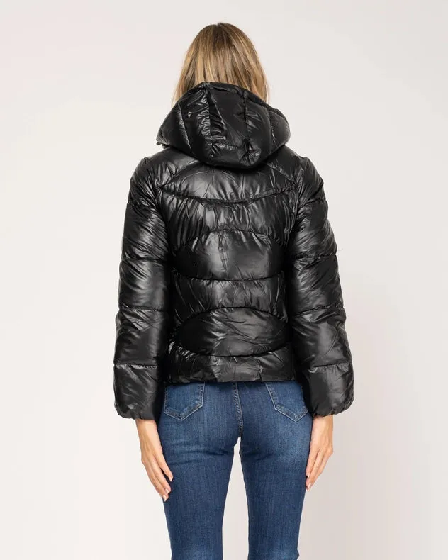 Short Metallic Flared Down Jacket With Hood Black