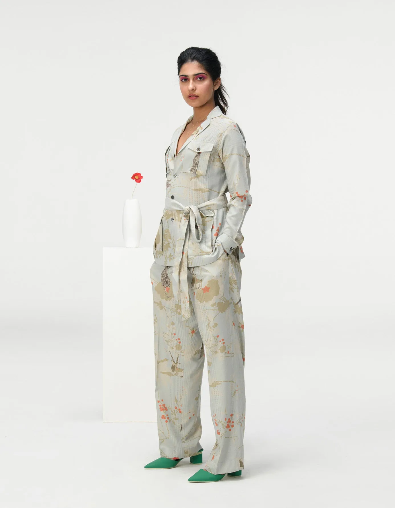 Single Pleated Trousers Cotton Silk Check Ice Blue