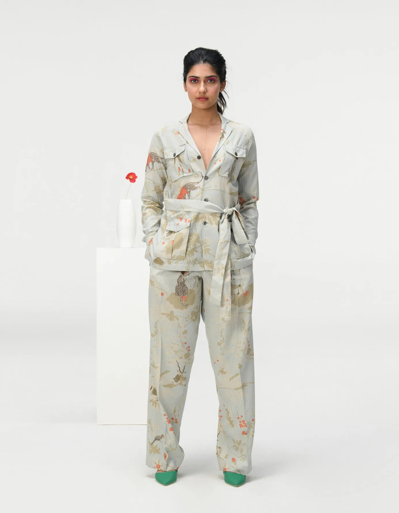 Single Pleated Trousers Cotton Silk Check Ice Blue