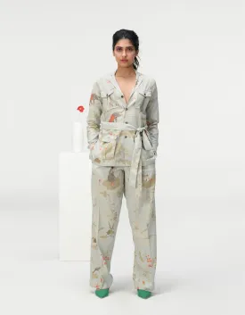 Single Pleated Trousers Cotton Silk Check Ice Blue