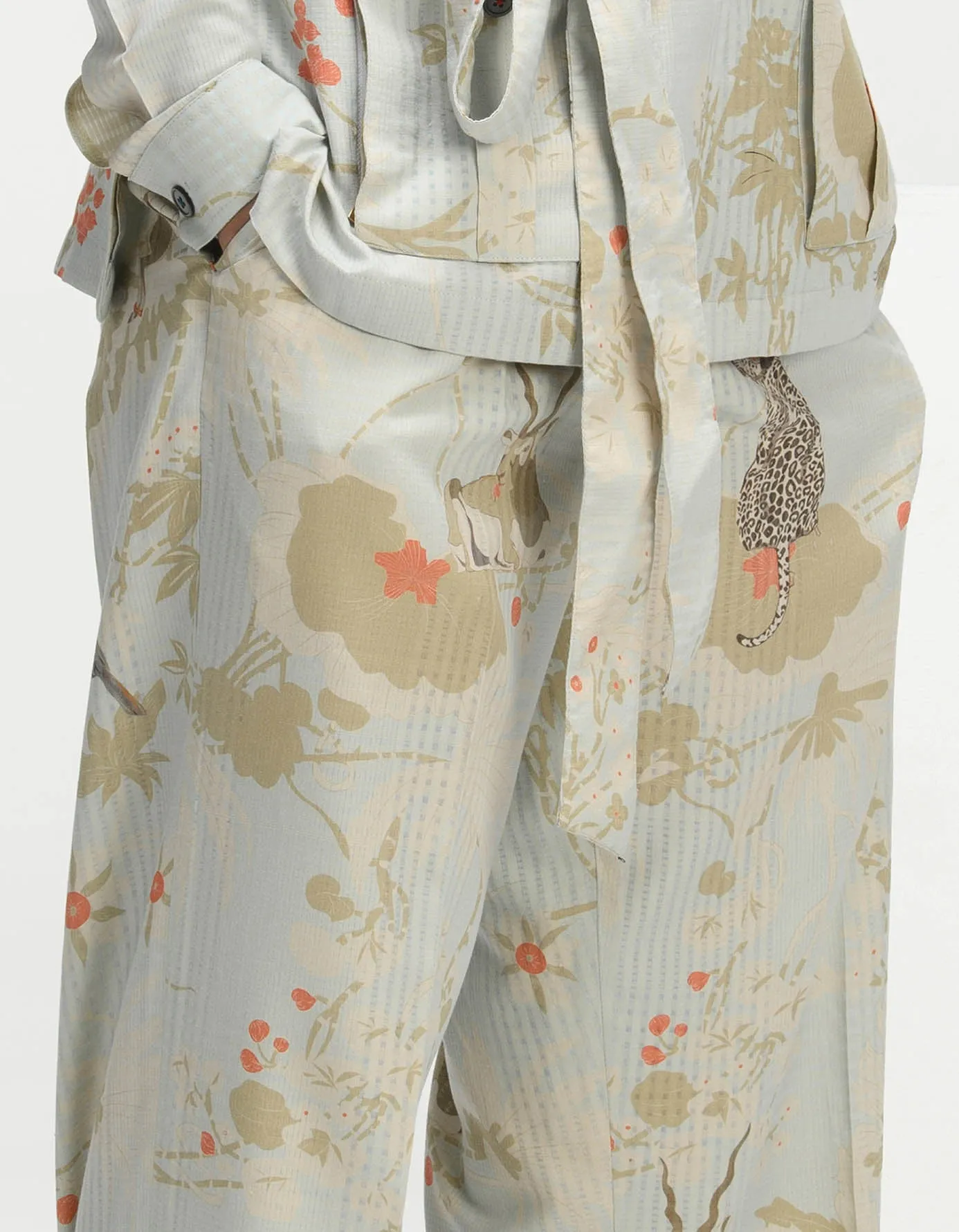 Single Pleated Trousers Cotton Silk Check Ice Blue