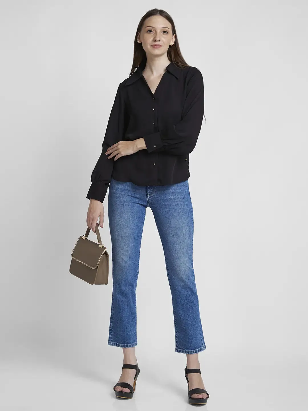 Spykar Women Mid Blue Lycra Slim Straight Fit Ankle Length Slash Knee Jeans -(Emma)