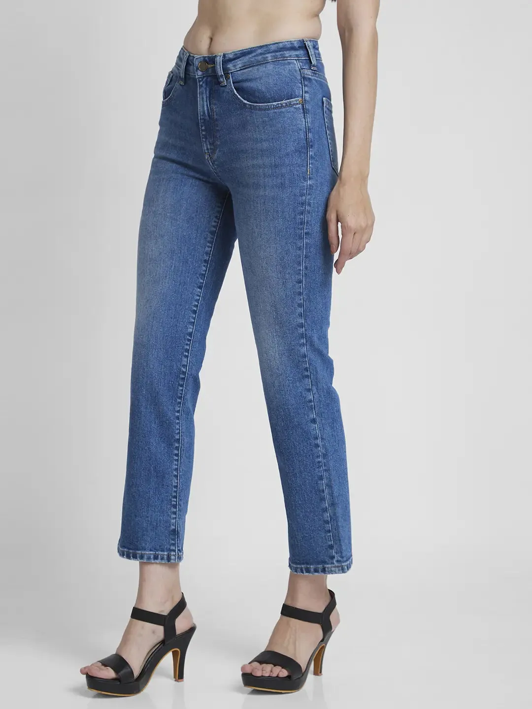 Spykar Women Mid Blue Lycra Slim Straight Fit Ankle Length Slash Knee Jeans -(Emma)