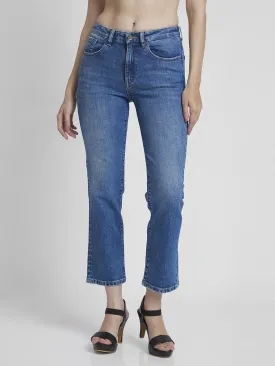 Spykar Women Mid Blue Lycra Slim Straight Fit Ankle Length Slash Knee Jeans -(Emma)