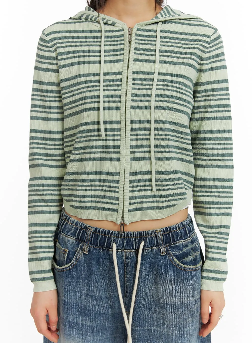 Striped Zip-Up Cropped Hoodie CA418