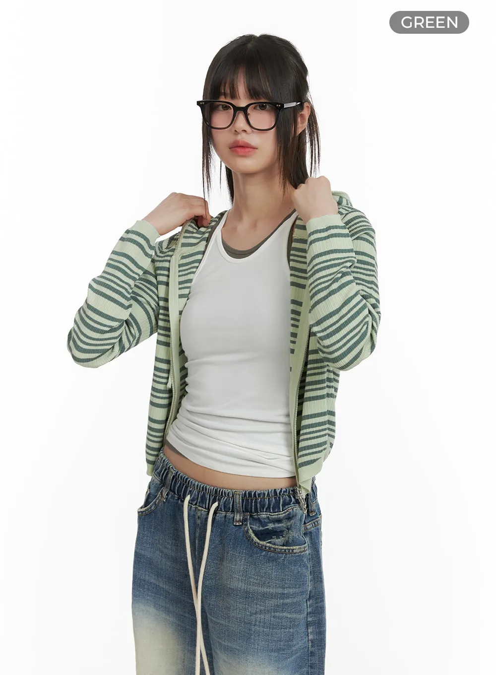 Striped Zip-Up Cropped Hoodie CA418