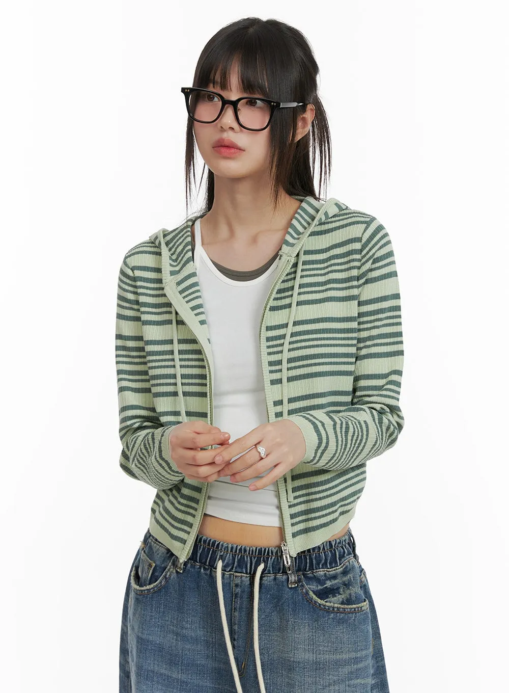 Striped Zip-Up Cropped Hoodie CA418