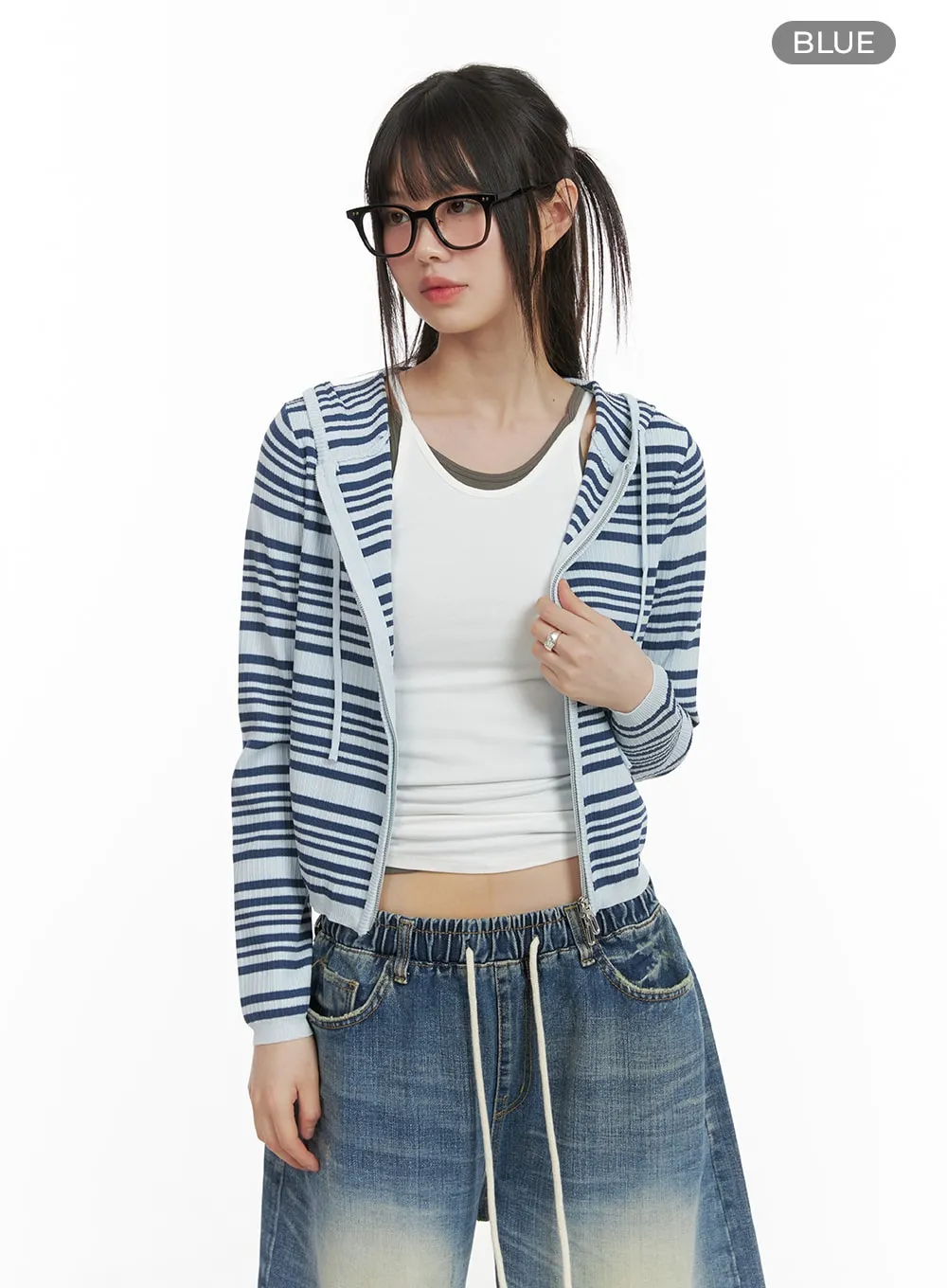 Striped Zip-Up Cropped Hoodie CA418