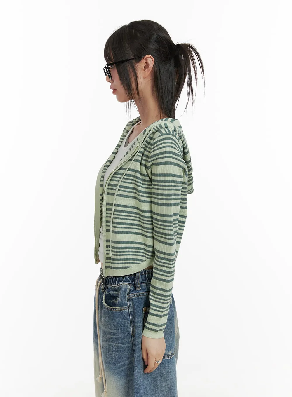 Striped Zip-Up Cropped Hoodie CA418