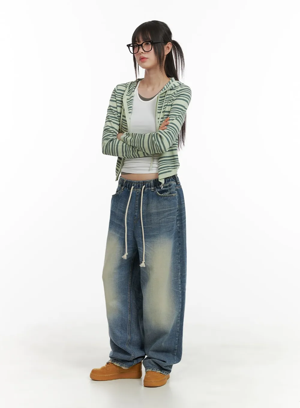 Striped Zip-Up Cropped Hoodie CA418