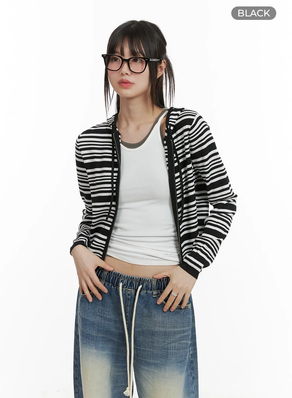Striped Zip-Up Cropped Hoodie CA418