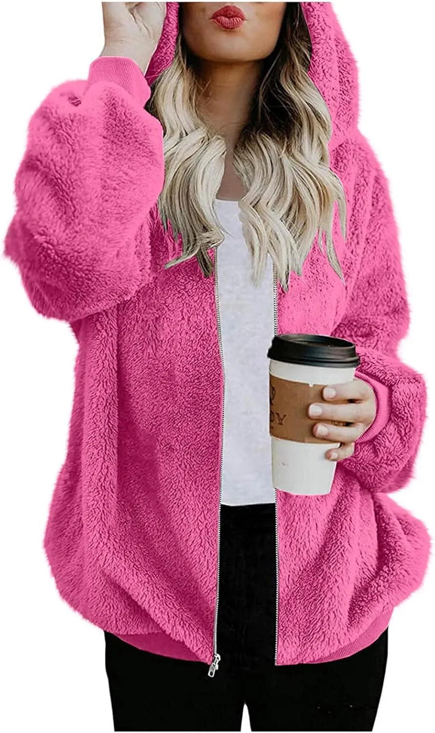 Teddy Coat For Women Plus Size Dressy Casual Fuzzy Fleece Sherpa Jacket Full Zip Up Hooded Fluffy Coats Outwear