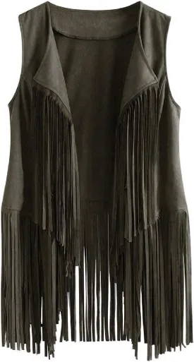 Trendy Faux Suede Fringe Jacket for Women 70s Hippie Cardigans Vest Motorcycle Tassels Sleeveless Coats