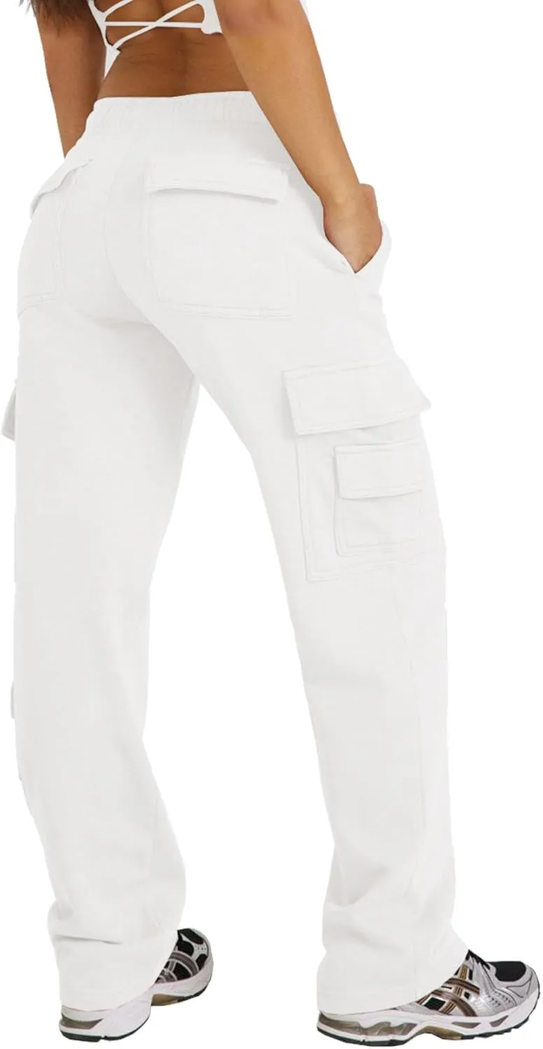 Waitfairy Wide Leg Sweatpants Women Cargo Pants Fleeece High Waisted Baggy Sweatpants for Women Casual Pants with 8 Pockets