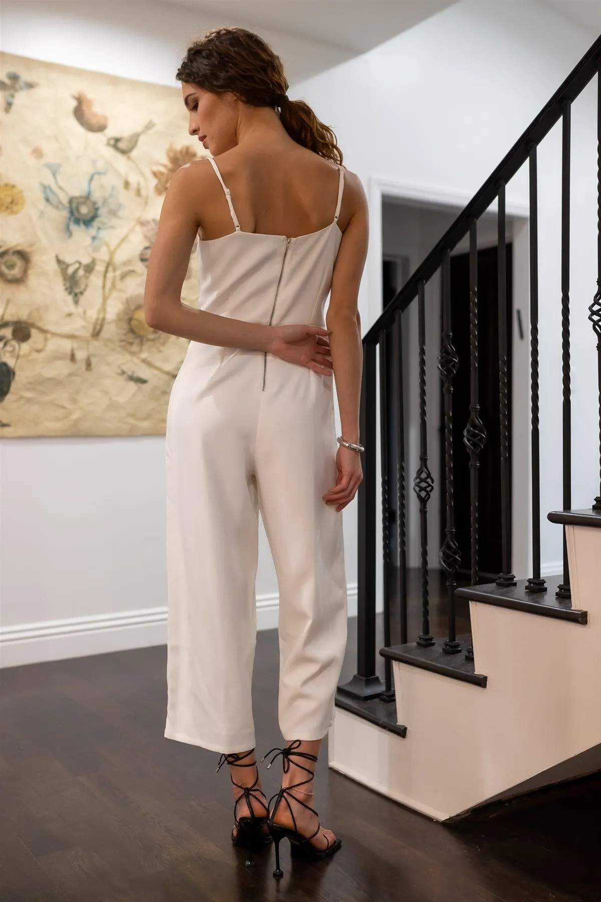 White Lace Up Waist Square Neck Wide Leg Jumpsuit /1-2-1